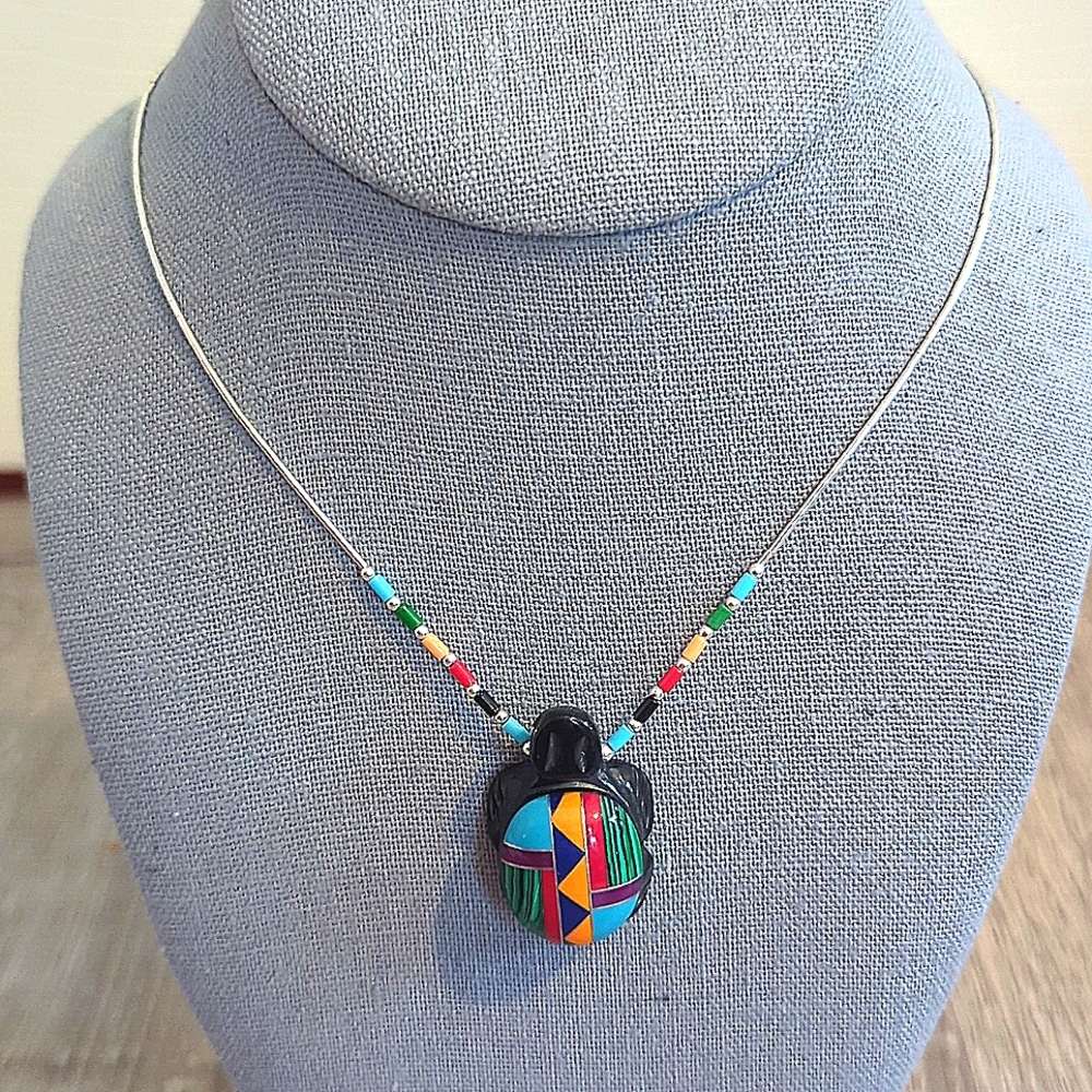 Native American Handmade Inlay Turtle Liquid Silver Necklace